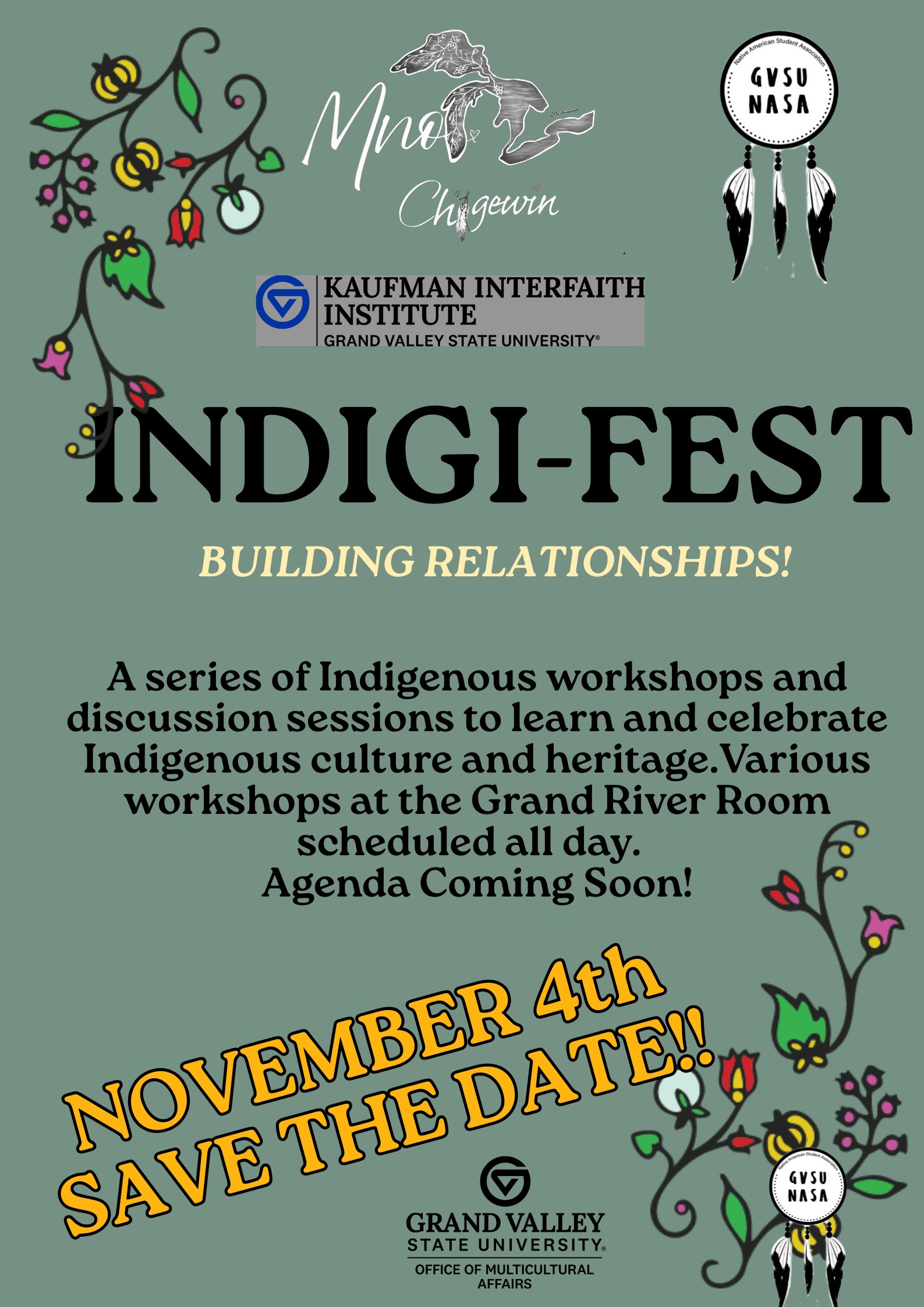 Poster for Indigi-Fest titled 'All About Sovereignty,' featuring a circular medicine wheel symbol with floral designs on the top and bottom borders. The event takes place on Wednesday, November 20th, in the Kirkhof Grand River Room. Workshop schedule includes:  10:30 AM: Tribal Governance 11:00 AM: Language Workshop 12:30 PM: Food Sovereignty 2:00 PM: Sovereignty: Education and Social Work 4:00 PM: Intro to Pow Wow 6:30 PM: Two-Spirit Pow Wow Movie and Panel The poster invites attendees to 'Come and get acquainted with your sovereign neighbors' and notes that the event is 'Approved for INT 100 and 201 Credit!' Logos for Native American Heritage Celebration, Grand Valley State University Office of Multicultural Affairs, and 'Making Waves' are displayed at the bottom, along with a QR code.